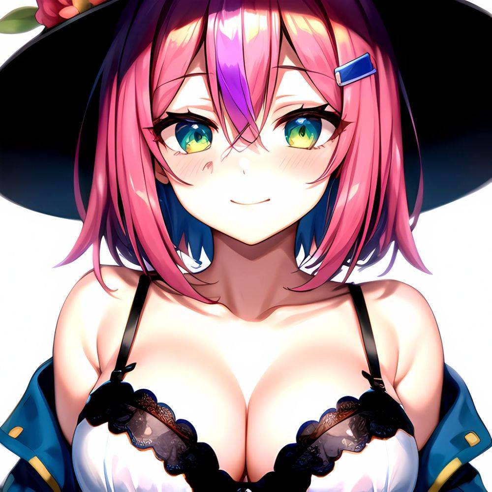 1girl Blush Bob Cut Bra Breasts Cleavage Close Up Closed Mouth Collarbone Commentary Eyelashes Eyes Visible Through Hair Floral, 208045344 - AIHentai - #main