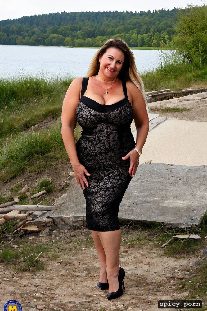 color photo, standing straight at a mountain lake beach, hourglass figure - #main