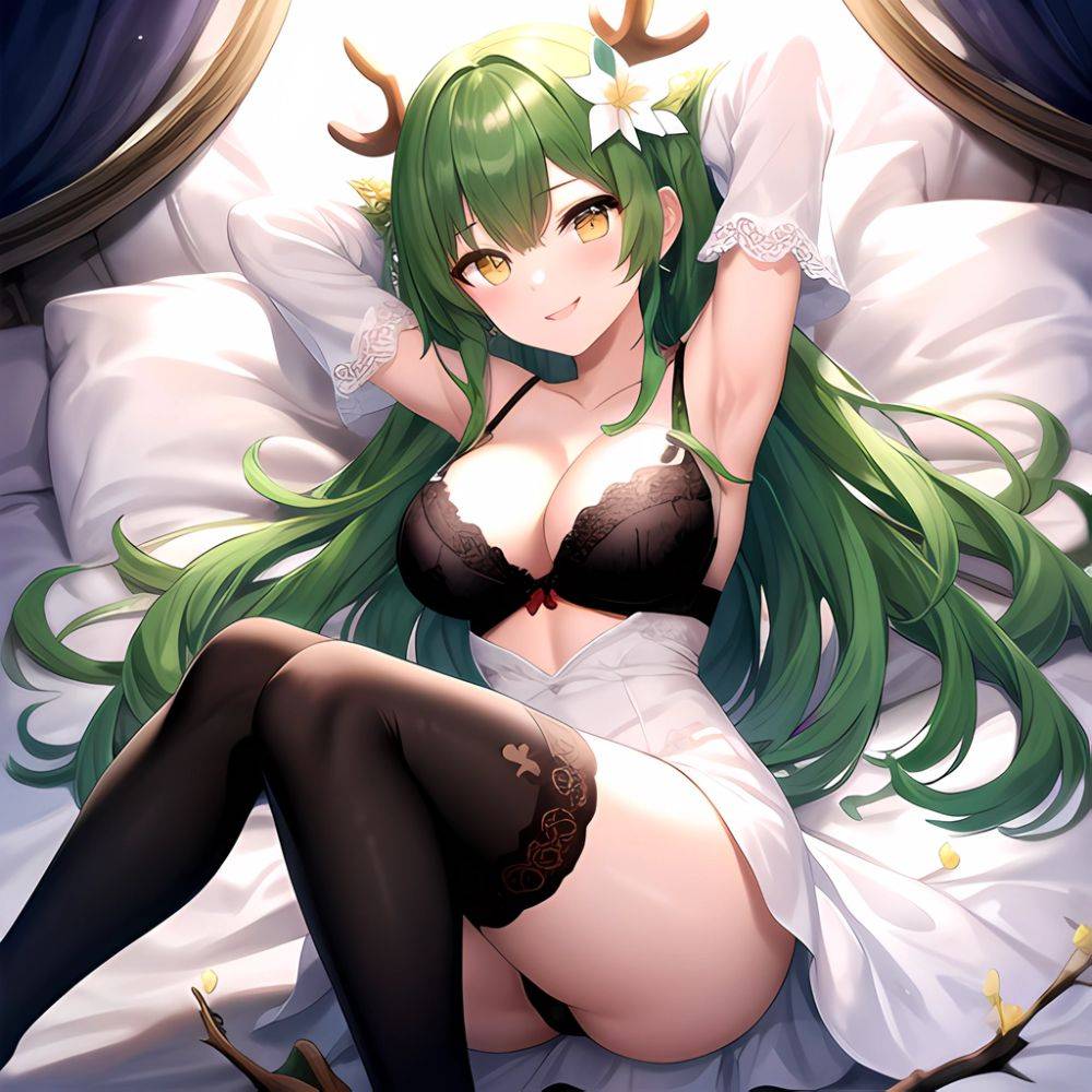 1girl Alternate Costume Antlers Armpits Arms Behind Head Bed Sheet Black Bra Black Thighhighs Bra Branch Breasts Ceres Fauna Cle, 2117806608 - AIHentai - #main