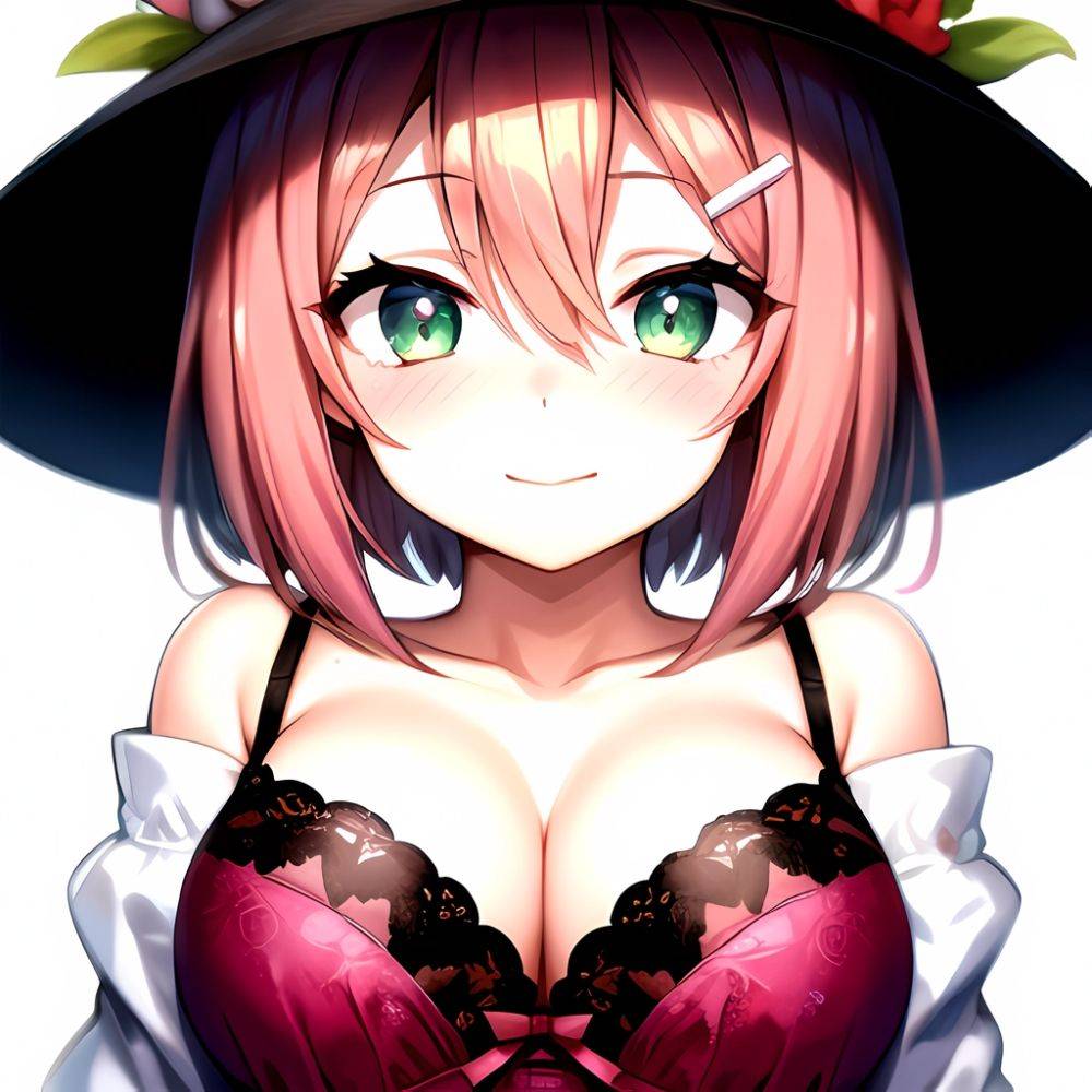 1girl Blush Bob Cut Bra Breasts Cleavage Close Up Closed Mouth Collarbone Commentary Eyelashes Eyes Visible Through Hair Floral, 1234986353 - AIHentai - #main