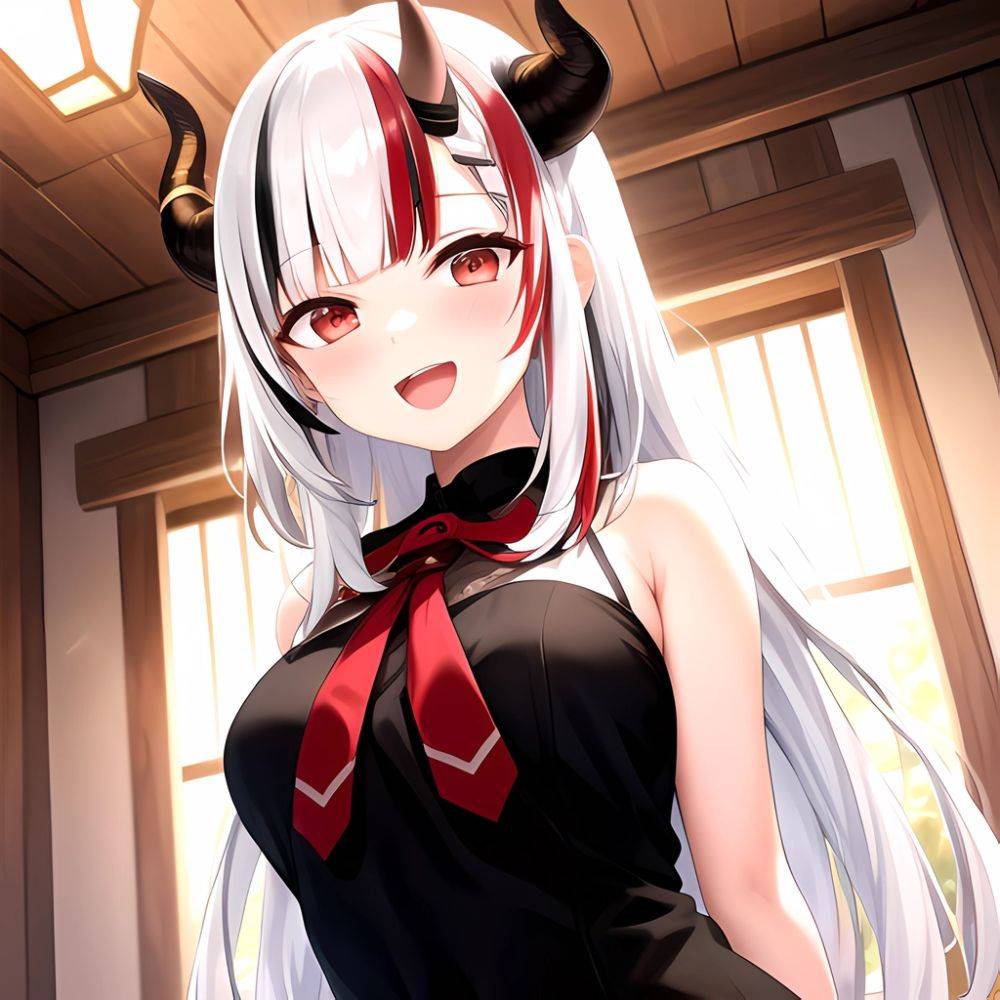 1girl Hololive Horns Long Hair Multicolored Hair Nakiri Ayame Open Mouth Smile Solo Streaked Hair Tonton Utaro White Hair Arms, 4288126118 - AIHentai - #main