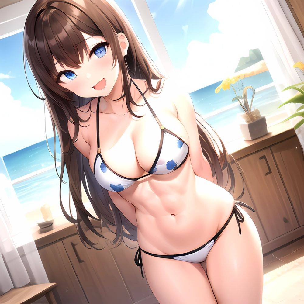 1girl D Abs Alternate Costume Arms Behind Back Asymmetrical Hair Bikini Blue Eyes Blush Breasts Brown Hair Cleavage Collarbone F, 754258862 - AIHentai - #main