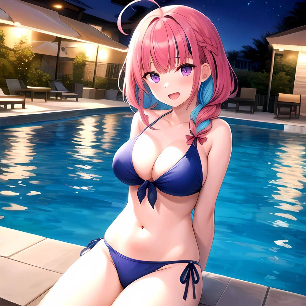 1girl Ahoge Bare Shoulders Bikini Blue Bikini Blue Hair Blush Braid Breasts Cleavage Colored Inner Hair Front Tie Bikini Top, 4044160443 - AIHentai - #main