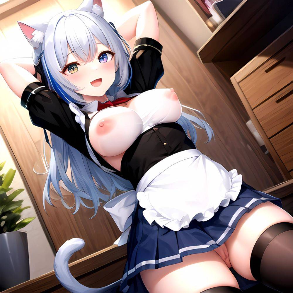 1boy 1girl D Absurdres Animal Ears Apron Bashamichi Bashamichi Hagemi Black Thighhighs Blue Eyes Blue Hair Blue Skirt Blunt Bang, 3014873932 - AIHentai - #main