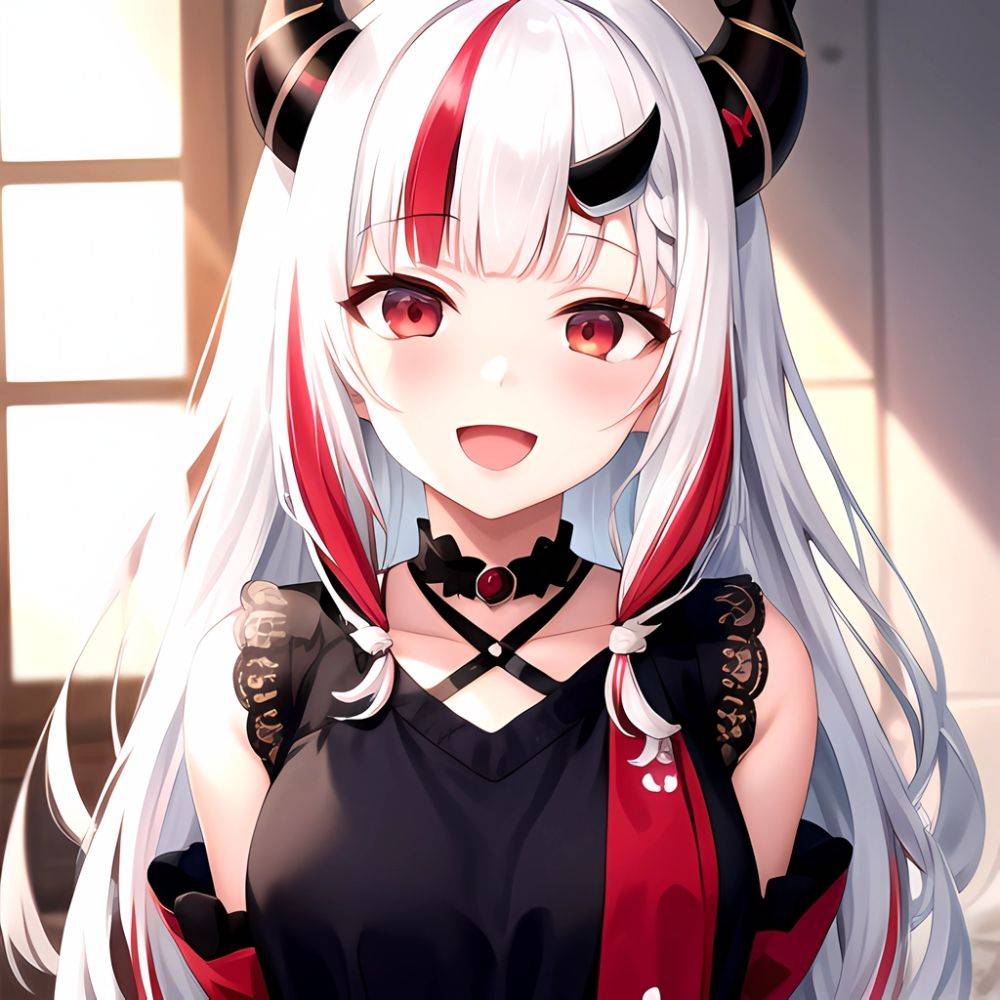 1girl Hololive Horns Long Hair Multicolored Hair Nakiri Ayame Open Mouth Smile Solo Streaked Hair Tonton Utaro White Hair Arms, 2480532537 - AIHentai - #main