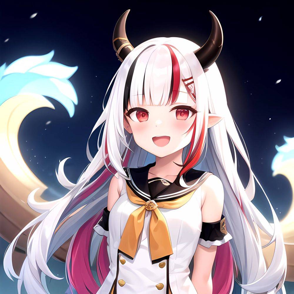 1girl Hololive Horns Long Hair Multicolored Hair Nakiri Ayame Open Mouth Smile Solo Streaked Hair Tonton Utaro White Hair Arms, 1677485318 - AIHentai - #main