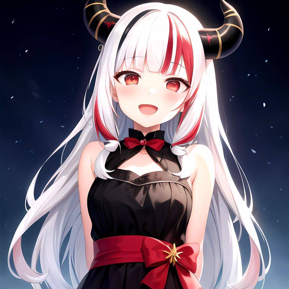 1girl Hololive Horns Long Hair Multicolored Hair Nakiri Ayame Open Mouth Smile Solo Streaked Hair Tonton Utaro White Hair Arms, 2364699622 - AIHentai - #main