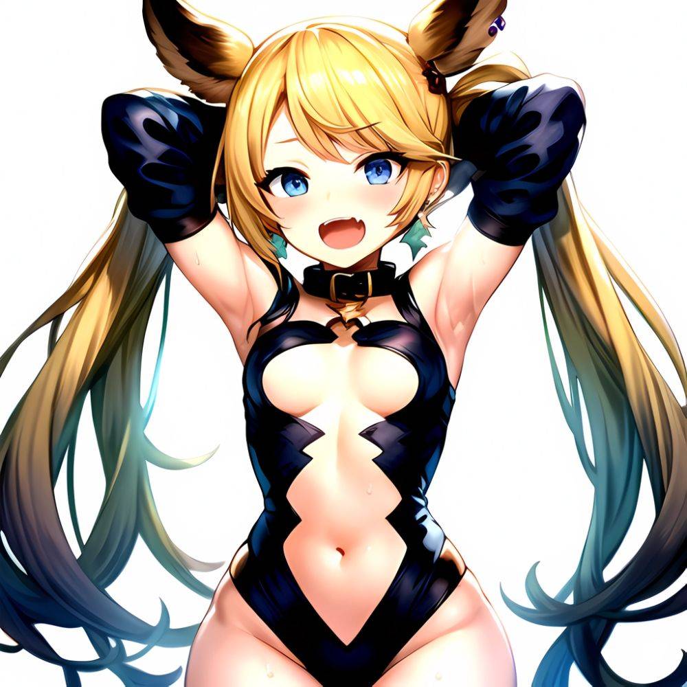 1girl Armpits Arms Behind Head Backlighting Bare Arms Bare Legs Blonde Hair Blue Eyes Blush Breasts Check Commentary Clothing Cu, 3418424760 - AIHentai - #main