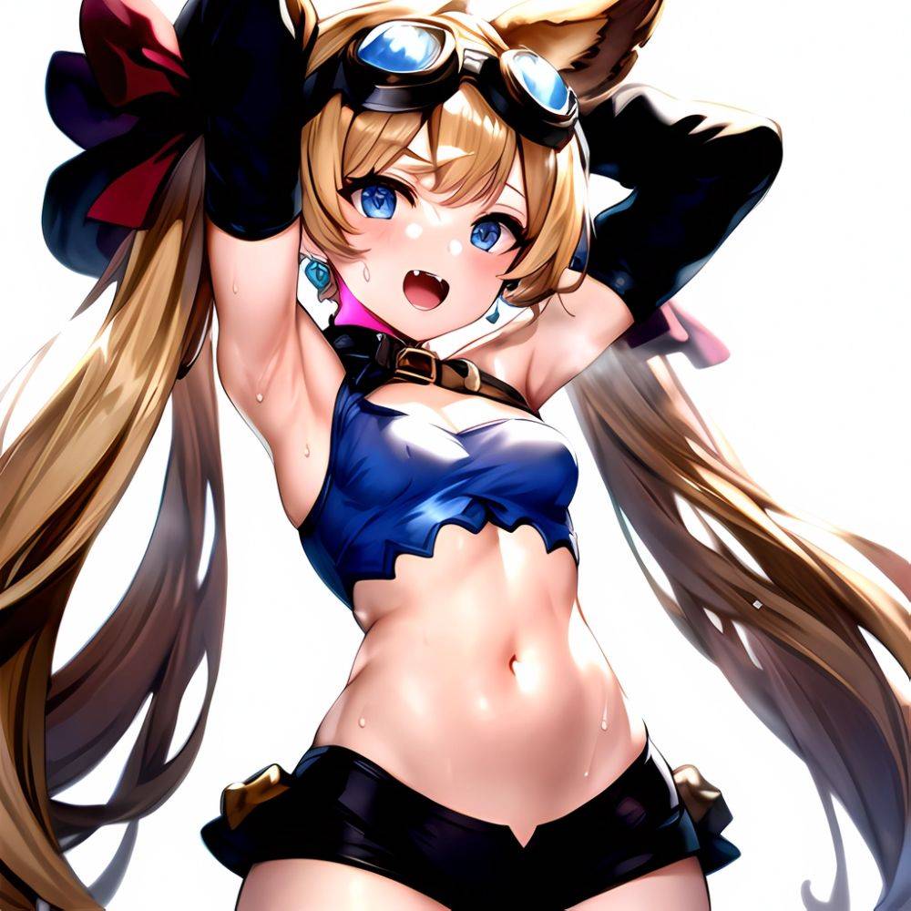 1girl Armpits Arms Behind Head Backlighting Bare Arms Bare Legs Blonde Hair Blue Eyes Blush Breasts Check Commentary Clothing Cu, 3355782787 - AIHentai - #main