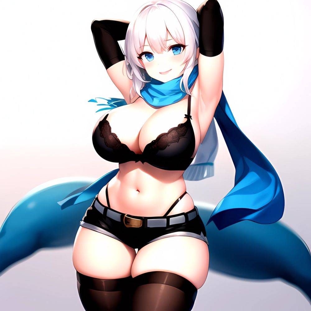 1girl Armpits Arms Behind Head Belt Black Bra Black Gloves Black Pantyhose Blue Eyes Blurry Blurry Background Bra Breasts Curvy, 1533506425 - AIHentai - #main