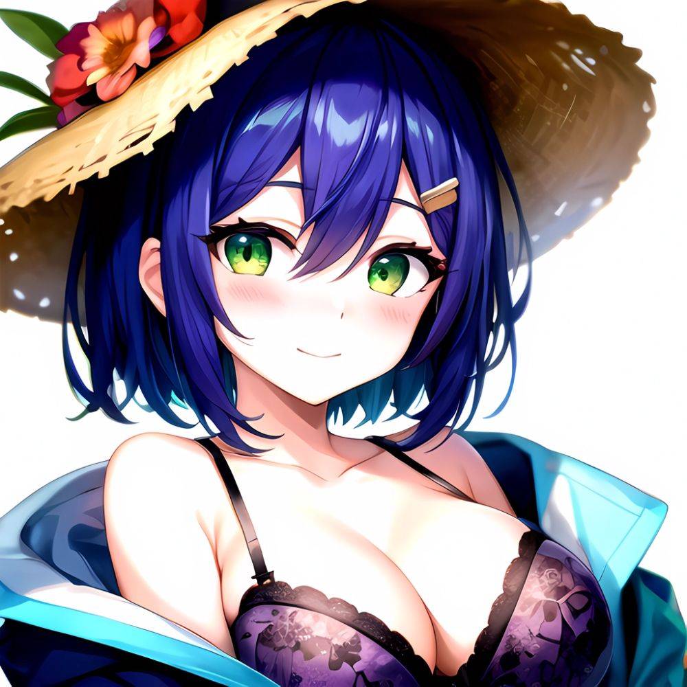 1girl Blush Bob Cut Bra Breasts Cleavage Close Up Closed Mouth Collarbone Commentary Eyelashes Eyes Visible Through Hair Floral, 2217544090 - AIHentai - #main