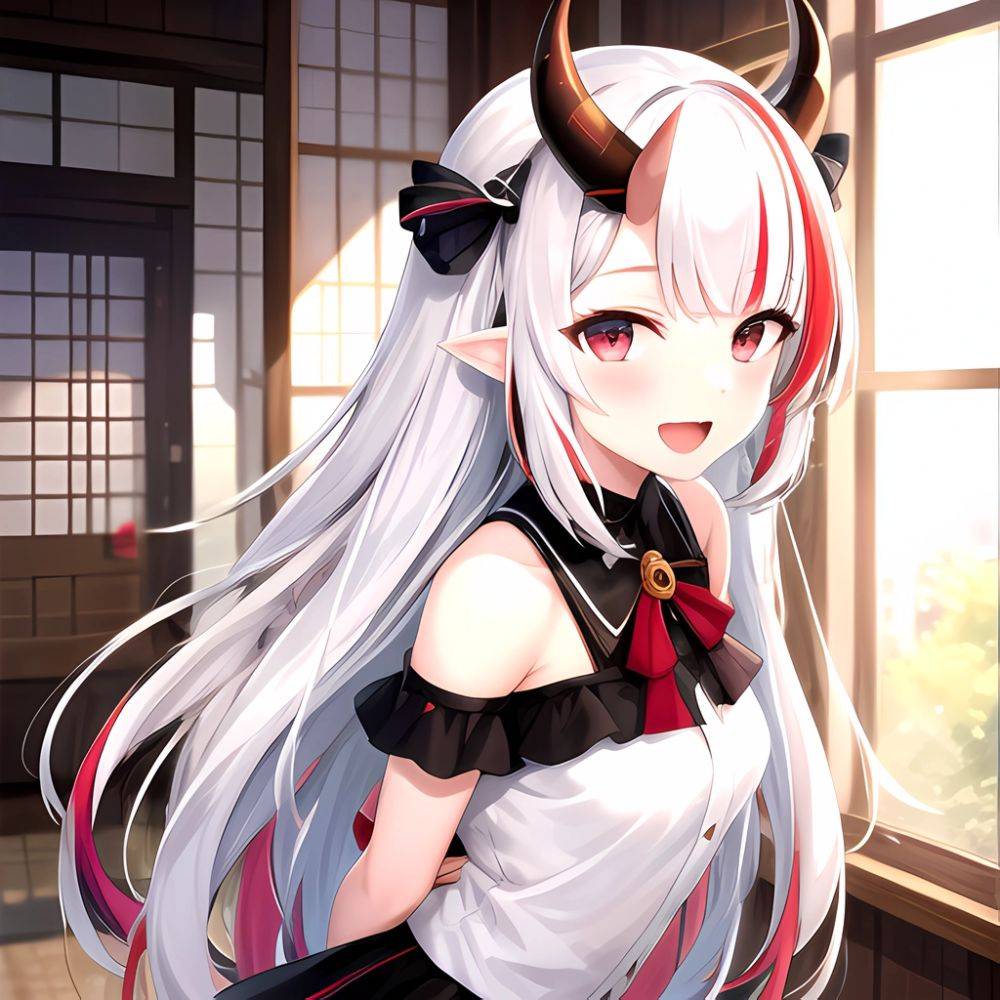 1girl Hololive Horns Long Hair Multicolored Hair Nakiri Ayame Open Mouth Smile Solo Streaked Hair Tonton Utaro White Hair Arms, 3285441187 - AIHentai - #main