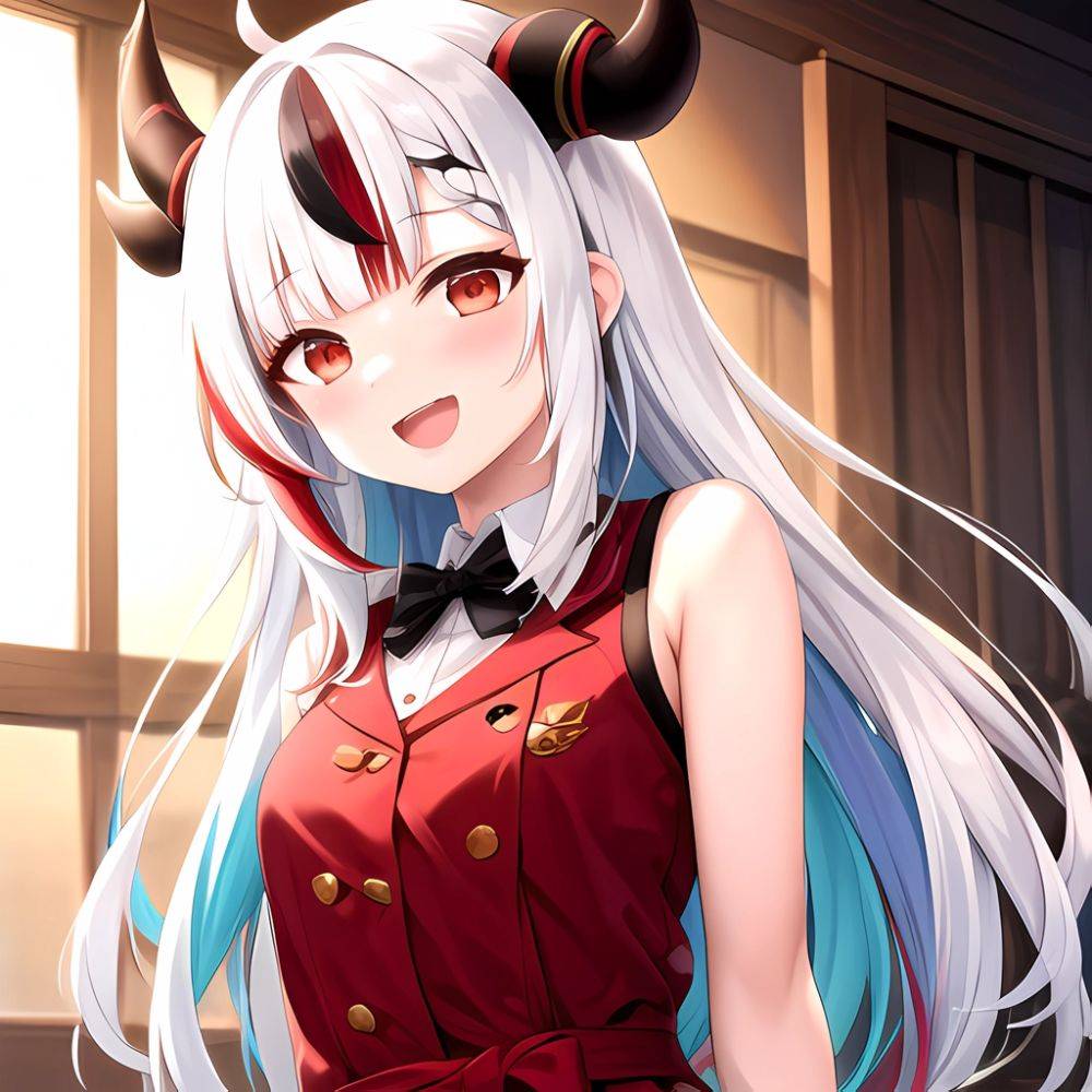 1girl Hololive Horns Long Hair Multicolored Hair Nakiri Ayame Open Mouth Smile Solo Streaked Hair Tonton Utaro White Hair Arms, 2565371145 - AIHentai - #main