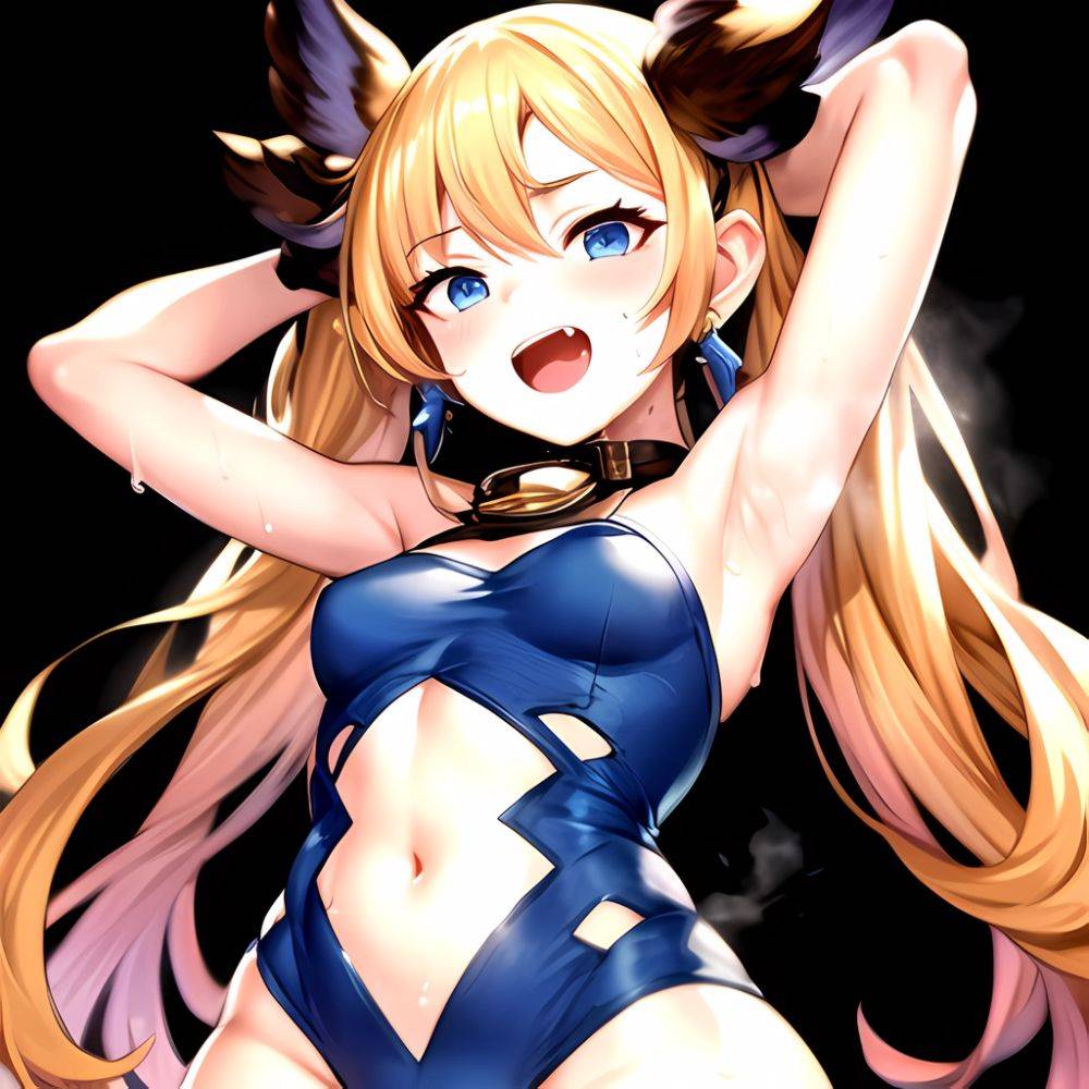 1girl Armpits Arms Behind Head Backlighting Bare Arms Bare Legs Blonde Hair Blue Eyes Blush Breasts Check Commentary Clothing Cu, 3931991944 - AIHentai - #main