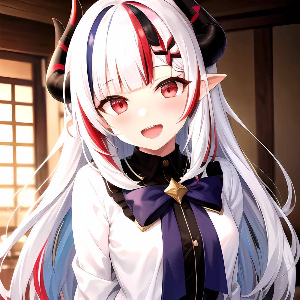 1girl Hololive Horns Long Hair Multicolored Hair Nakiri Ayame Open Mouth Smile Solo Streaked Hair Tonton Utaro White Hair Arms, 1980774653 - AIHentai - #main