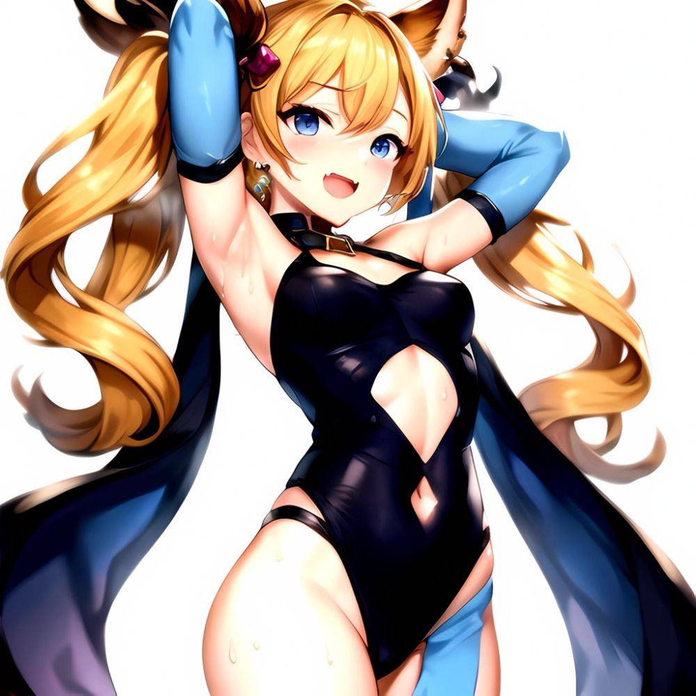 1girl Armpits Arms Behind Head Backlighting Bare Arms Bare Legs Blonde Hair Blue Eyes Blush Breasts Check Commentary Clothing Cu, 1080419676 - AIHentai - #main