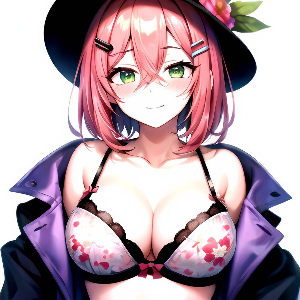 1girl Blush Bob Cut Bra Breasts Cleavage Close Up Closed Mouth Collarbone Commentary Eyelashes Eyes Visible Through Hair Floral, 834604196 - AIHentai - #main