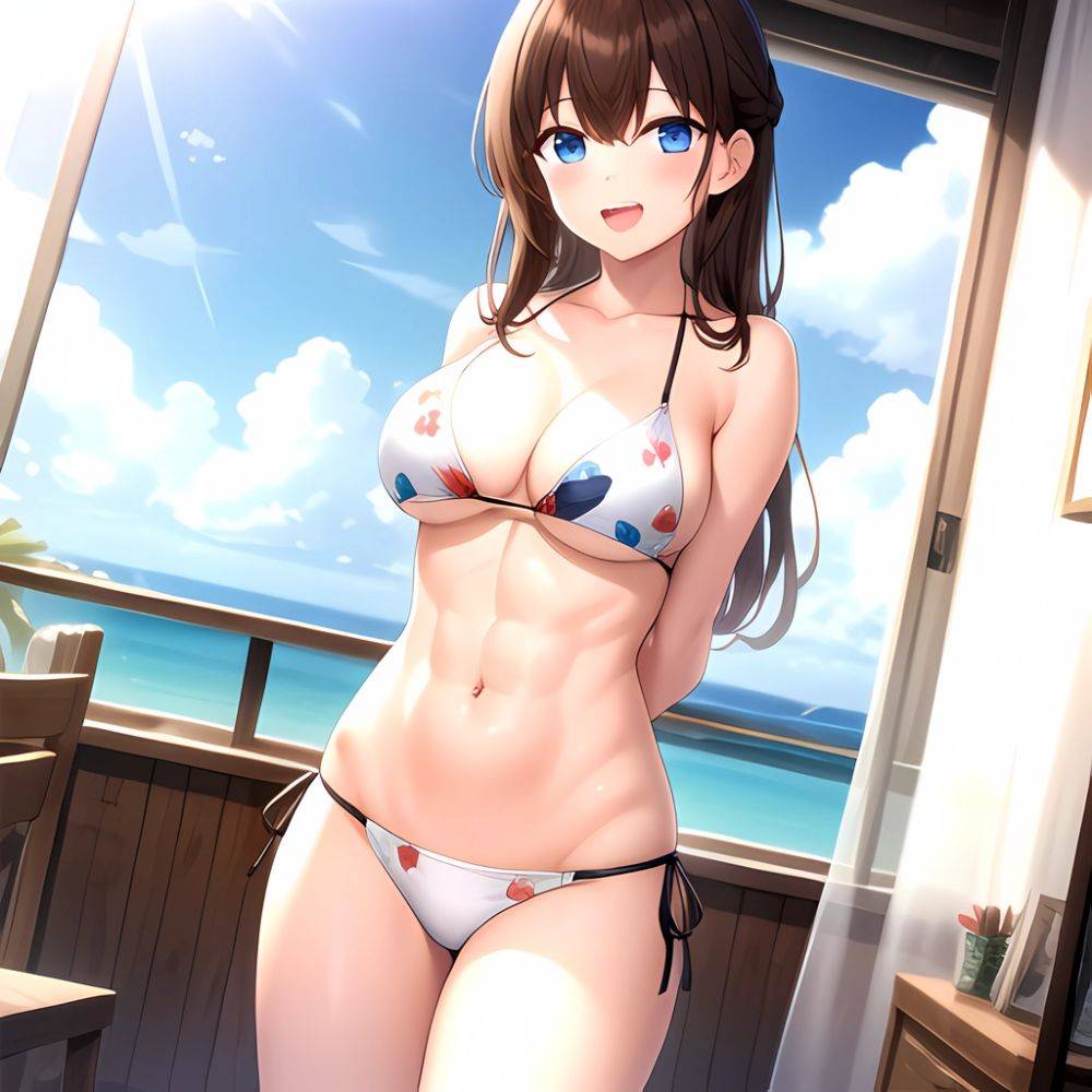 1girl D Abs Alternate Costume Arms Behind Back Asymmetrical Hair Bikini Blue Eyes Blush Breasts Brown Hair Cleavage Collarbone F, 2572312945 - AIHentai - #main