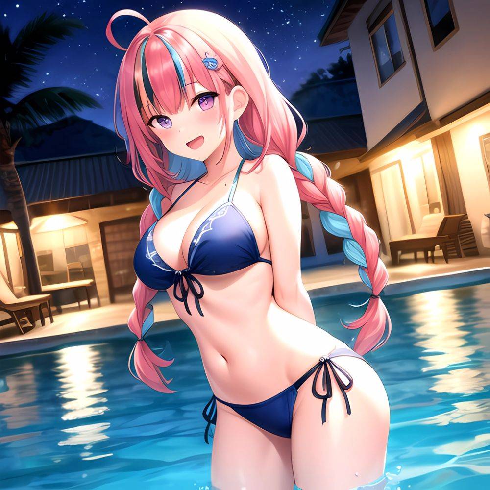 1girl Ahoge Bare Shoulders Bikini Blue Bikini Blue Hair Blush Braid Breasts Cleavage Colored Inner Hair Front Tie Bikini Top, 1088108601 - AIHentai - #main