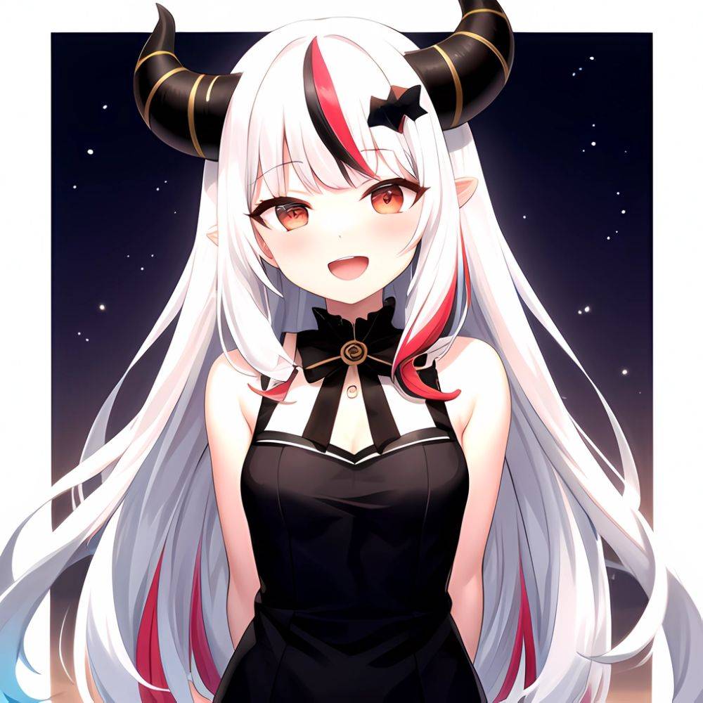 1girl Hololive Horns Long Hair Multicolored Hair Nakiri Ayame Open Mouth Smile Solo Streaked Hair Tonton Utaro White Hair Arms, 4071452613 - AIHentai - #main