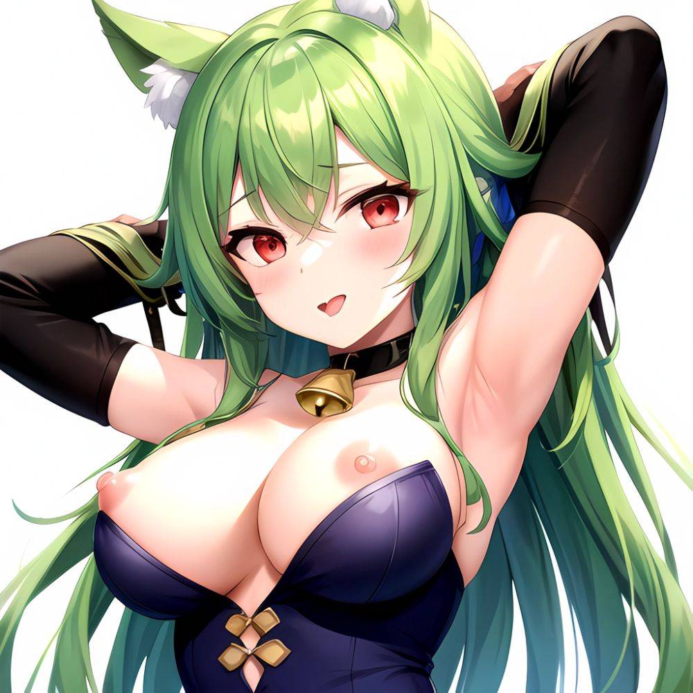 1girl Animal Ear Fluff Animal Ears Armpits Arms Behind Head Banshee Last Origin Bell Blush Breasts Chamame Green Hair Highres, 2071429259 - AIHentai - #main