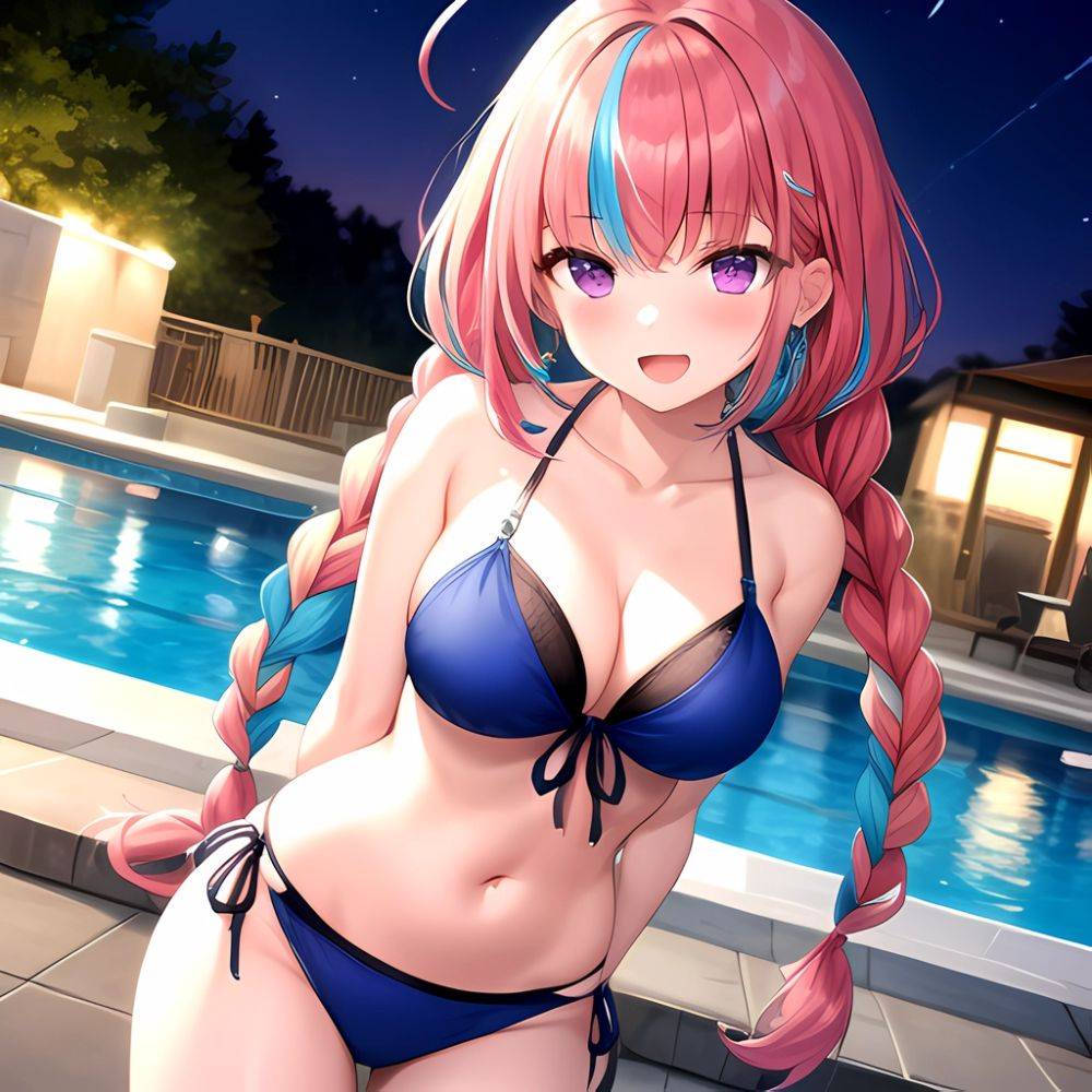 1girl Ahoge Bare Shoulders Bikini Blue Bikini Blue Hair Blush Braid Breasts Cleavage Colored Inner Hair Front Tie Bikini Top, 2564625265 - AIHentai - #main