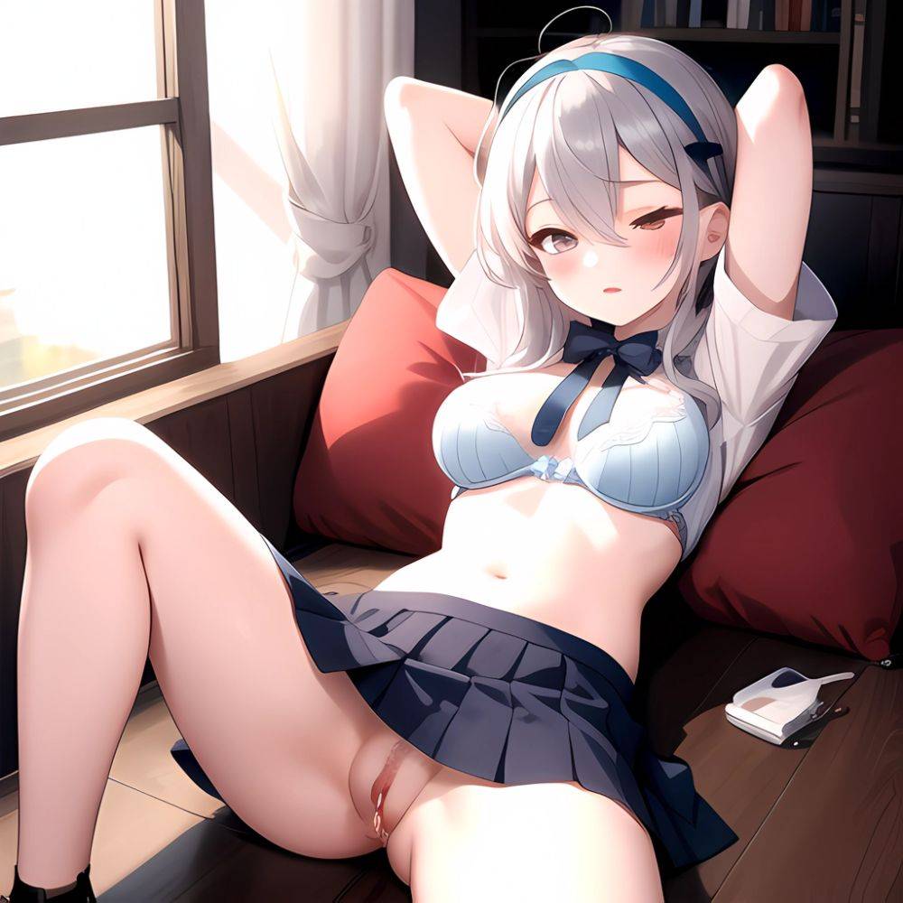 Narumiya Yume 1boy 1girl Antenna Hair Blue Bra Blue Hairband Blue Ribbon Blue Skirt Bow Hairband Bra Breasts Breasts Apart, 3731810119 - AIHentai - #main
