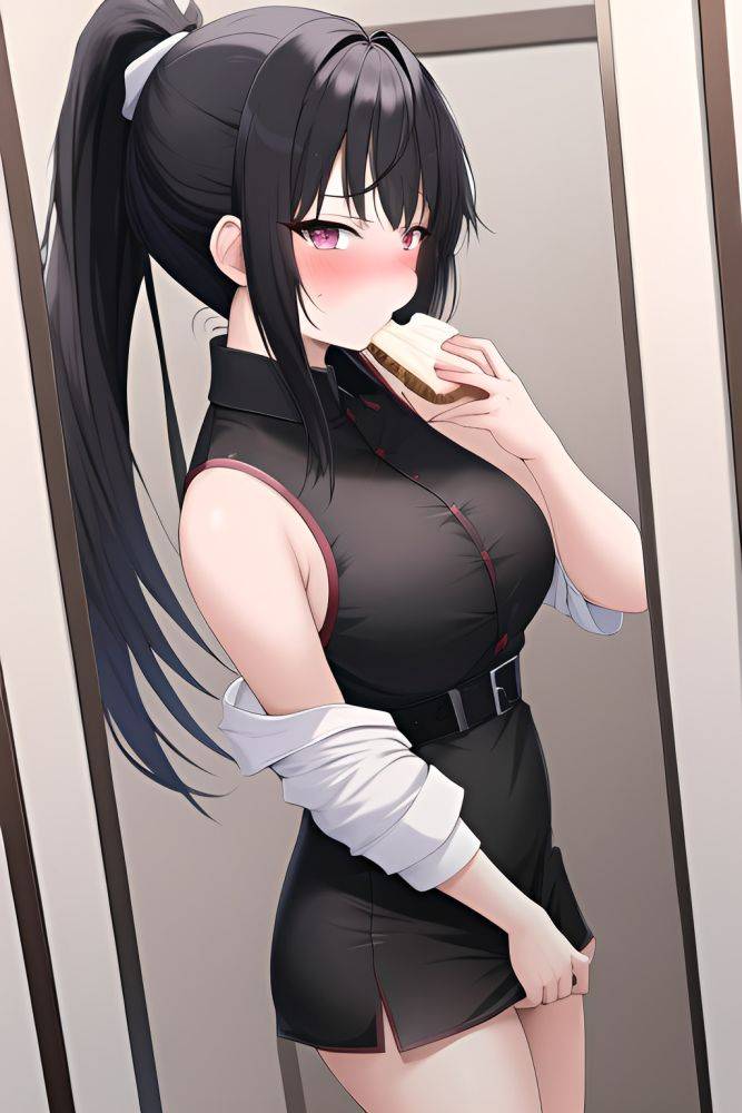 Anime Busty Small Tits 18 Age Sad Face Black Hair Ponytail Hair Style Light Skin Mirror Selfie Changing Room Front View Eating Goth - AI Hentai - #main