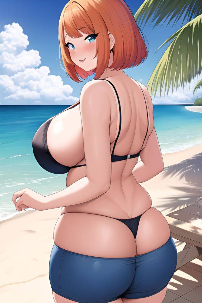 Anime Chubby Huge Boobs 60s Age Happy Face Ginger Bobcut Hair Style Light Skin Comic Beach Back View Cumshot Bra - AI Hentai - #main