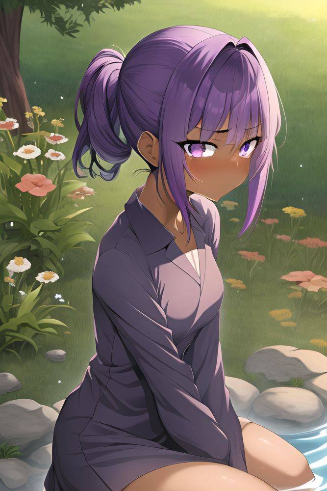 Anime Skinny Small Tits 20s Age Sad Face Purple Hair Slicked Hair Style Dark Skin Film Photo Meadow Front View Bathing Teacher - AI Hentai - #main