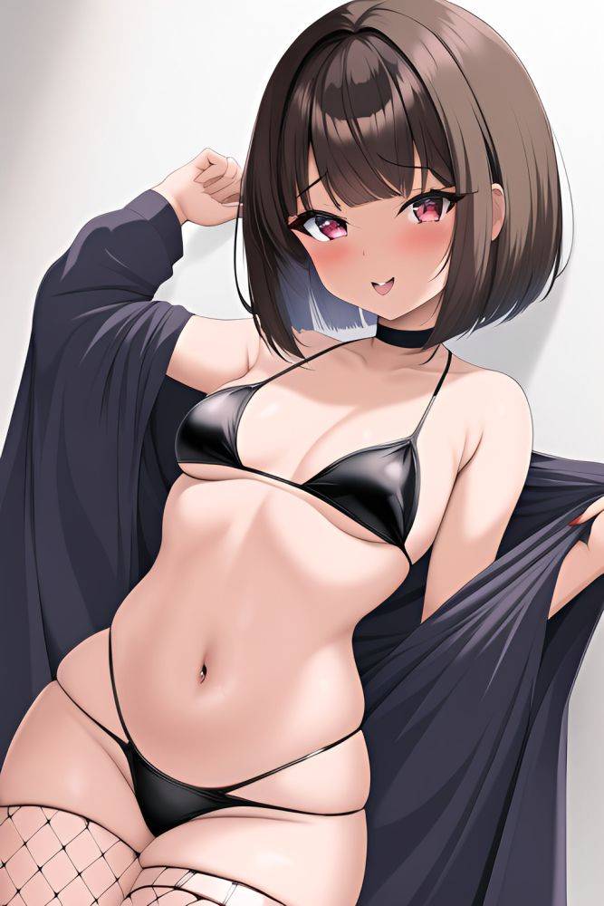 Anime Busty Small Tits 60s Age Ahegao Face Brunette Bobcut Hair Style Dark Skin Dark Fantasy Strip Club Front View On Back Fishnet - AI Hentai - #main