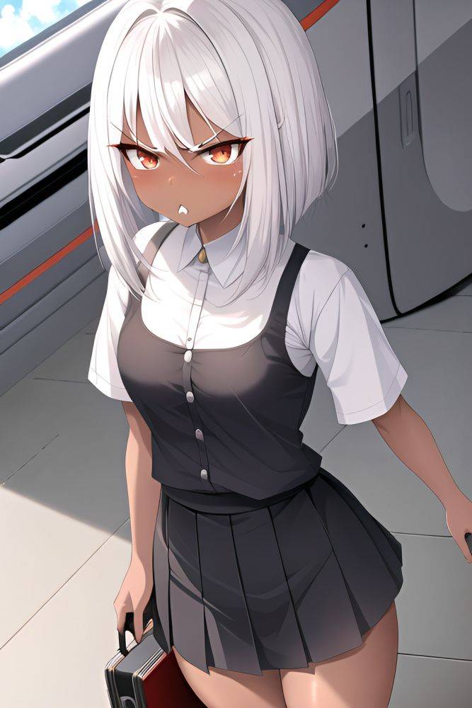 Anime Skinny Small Tits 30s Age Angry Face White Hair Bangs Hair Style Dark Skin Crisp Anime Train Close Up View T Pose Mini Skirt - AI Hentai - #main