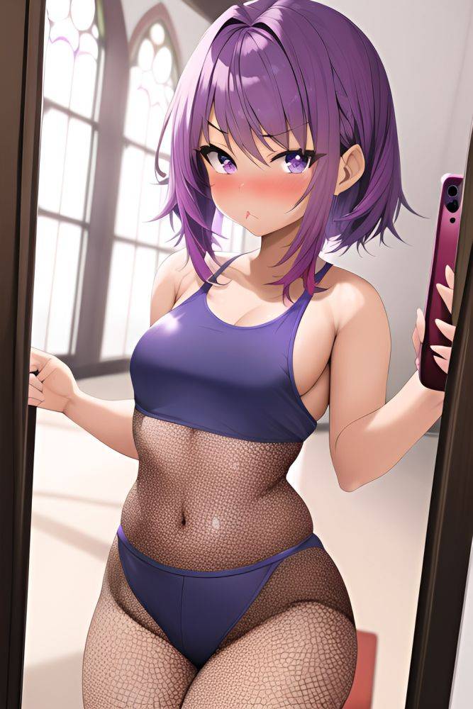 Anime Busty Small Tits 18 Age Pouting Lips Face Purple Hair Pixie Hair Style Dark Skin Mirror Selfie Church Close Up View Working Out Fishnet - AI Hentai - #main