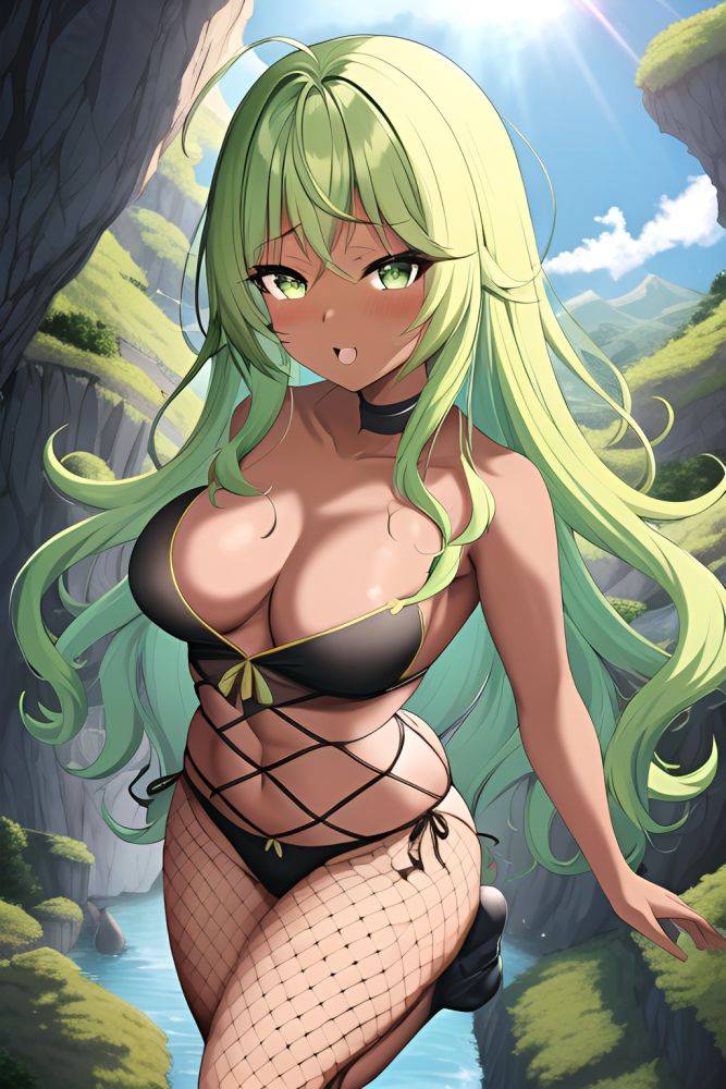 Anime Busty Small Tits 60s Age Orgasm Face Green Hair Messy Hair Style Dark Skin Illustration Cave Front View Jumping Fishnet - AI Hentai - #main