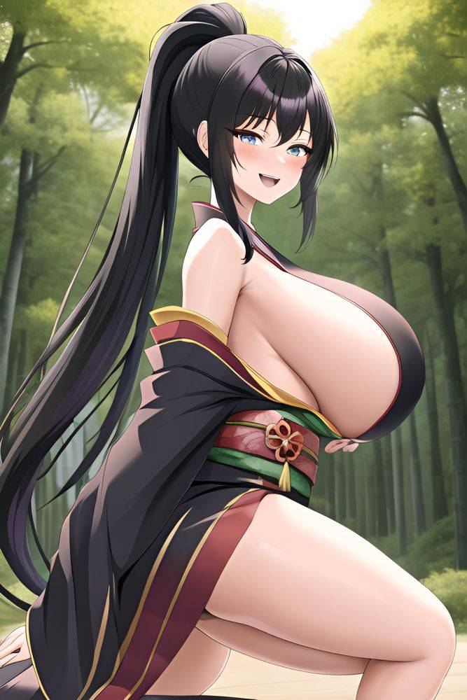 Anime Skinny Huge Boobs 20s Age Laughing Face Black Hair Ponytail Hair Style Light Skin Dark Fantasy Forest Side View Bending Over Kimono 3662239588297738278 - AI Hentai - #main