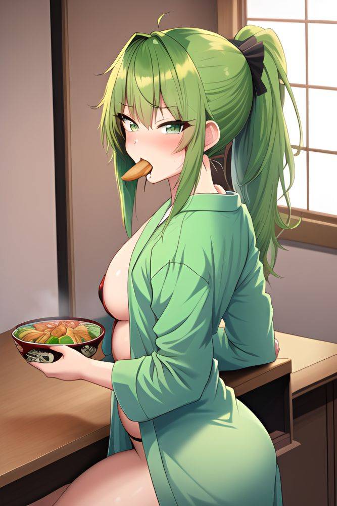 Anime Muscular Small Tits 20s Age Ahegao Face Green Hair Ponytail Hair Style Light Skin Crisp Anime Car Back View Eating Bathrobe 3662332359529209095 - AI Hentai - #main