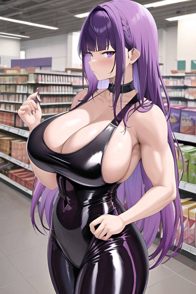 Anime Muscular Huge Boobs 18 Age Serious Face Purple Hair Bangs Hair Style Dark Skin Watercolor Grocery Side View Jumping Latex 3662417397782175912 - AI Hentai - #main