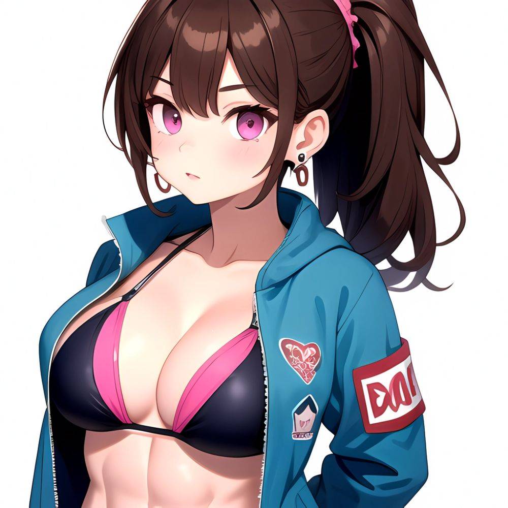 1girl Abs Bikini Breasts Brown Hair Colored Skin Earrings Jacket Jewelry Large Breasts Muscular Muscular Female Nose Piercing No, 488011309 - AI Hentai - #main