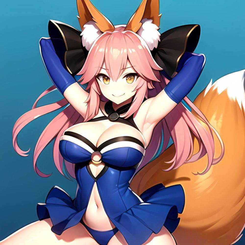 Tamamo Fate Tamamo No Mae Fate Extra 1girl Animal Ear Fluff Animal Ears Arms Up Bare Shoulders Blue Dress Blue, 4007008181 - AI Hentai - #main