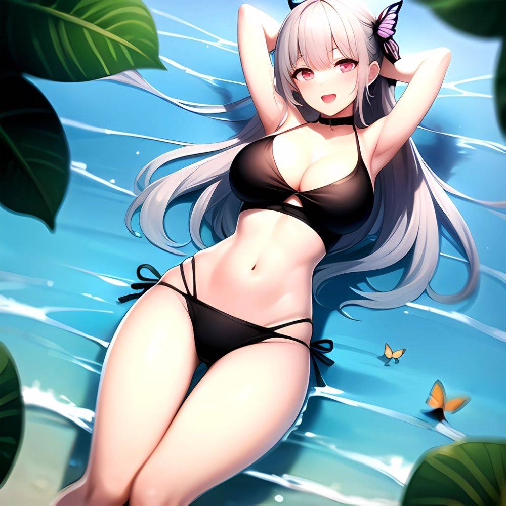 1girl D Bare Arms Bare Shoulders Bikini Black Bikini Breasts Bug Butterfly Butterfly Hair Ornament Choker Cleavage Feet Out Of, 577350528 - AI Hentai - #main