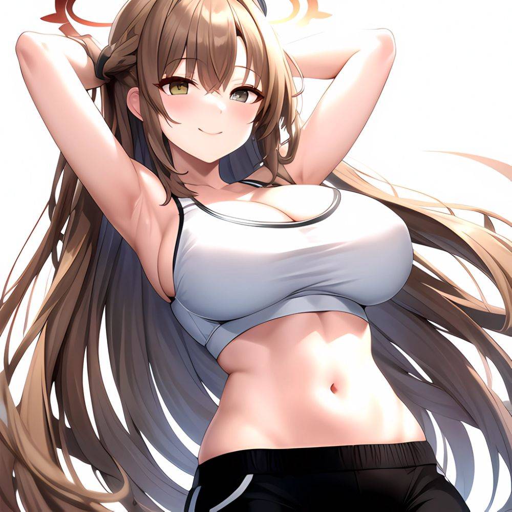 1girl Absurdres Armpits Arms Up Asuna Blue Archive Black Pants Blue Archive Blush Breasts Cleavage Halo Hands In Hair Highres, 492820958 - AI Hentai - #main