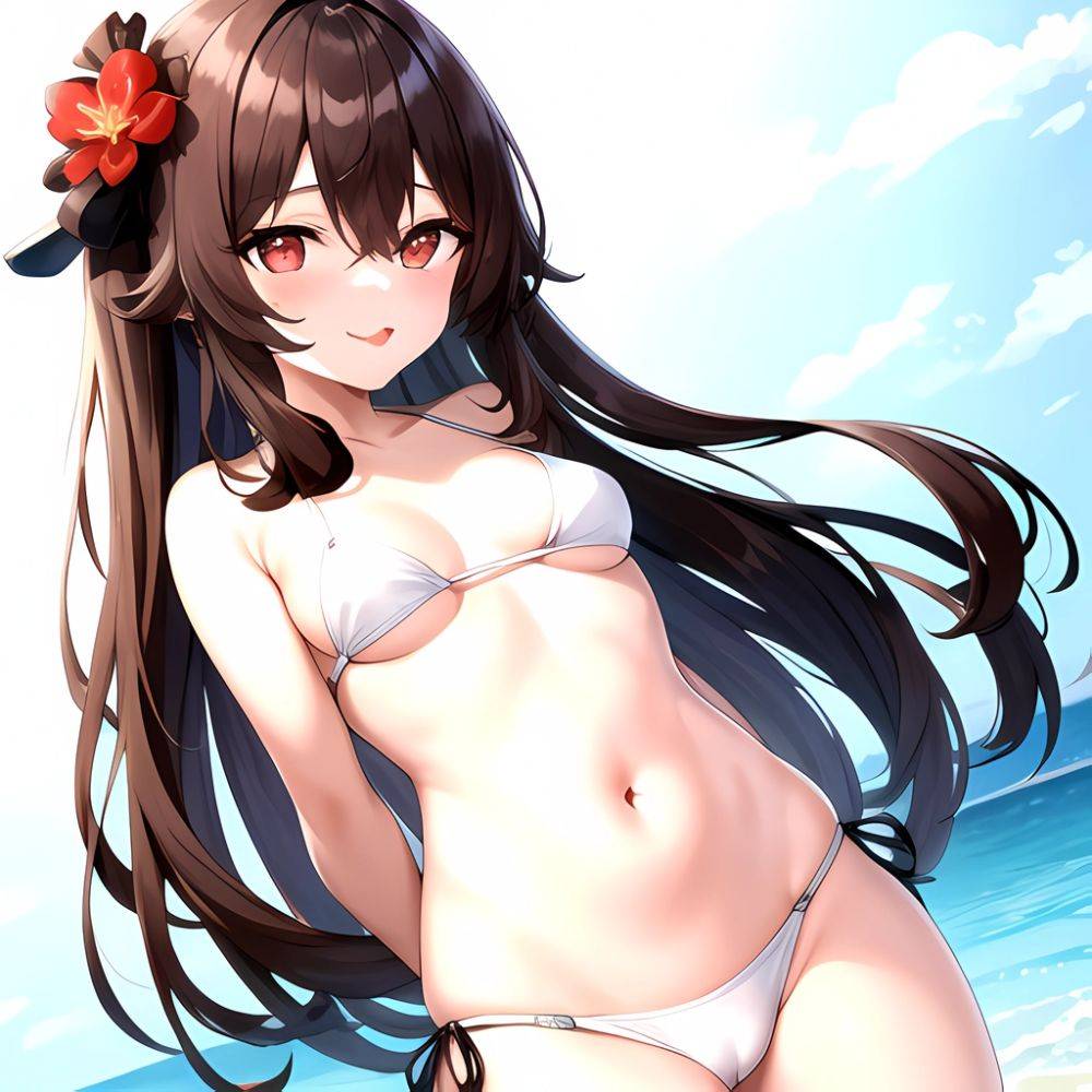 1girl Q Absurdres Arms Behind Back Bikini Blush Breasts Brown Hair Cameltoe Cleft Of Venus Covered Nipples Cowboy Shot Flower, 1400313808 - AI Hentai - #main