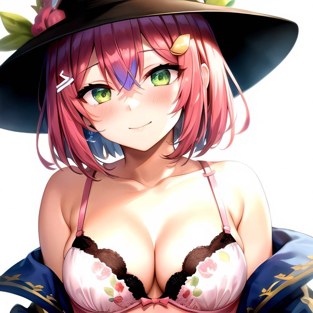 1girl Blush Bob Cut Bra Breasts Cleavage Close Up Closed Mouth Collarbone Commentary Eyelashes Eyes Visible Through Hair Floral, 1084107377 - AI Hentai - #main