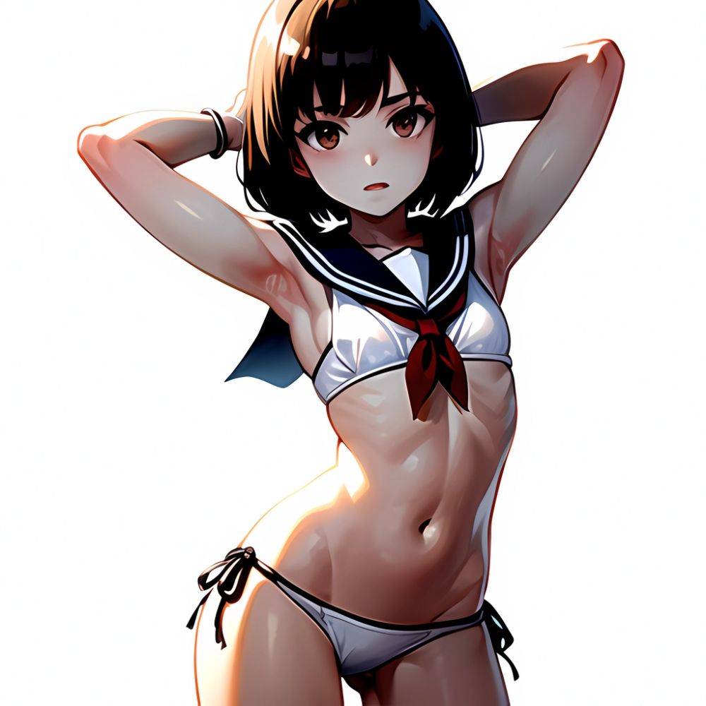 1girl Arms Up Arms Behind Head Bikini Bob Cut Brown Eyes Brown Hair Cosplay Cowboy Shot Flat Chest Headgear Inverted, 3569514110 - AI Hentai - #main