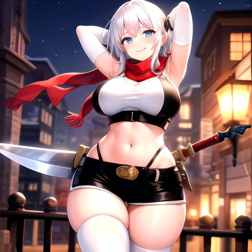 1girl Armpits Arms Behind Head Belt Black Bra Black Gloves Black Pantyhose Blue Eyes Blurry Blurry Background Bra Breasts Curvy, 519125644 - AI Hentai - #main