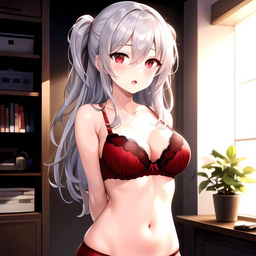 1girl Red Bra Blush Bra Breasts Double Parted Bangs Grey Hair Hair Between Eyes Indoors Large Breasts Long Hair Looking, 4241399915 - AI Hentai - #main