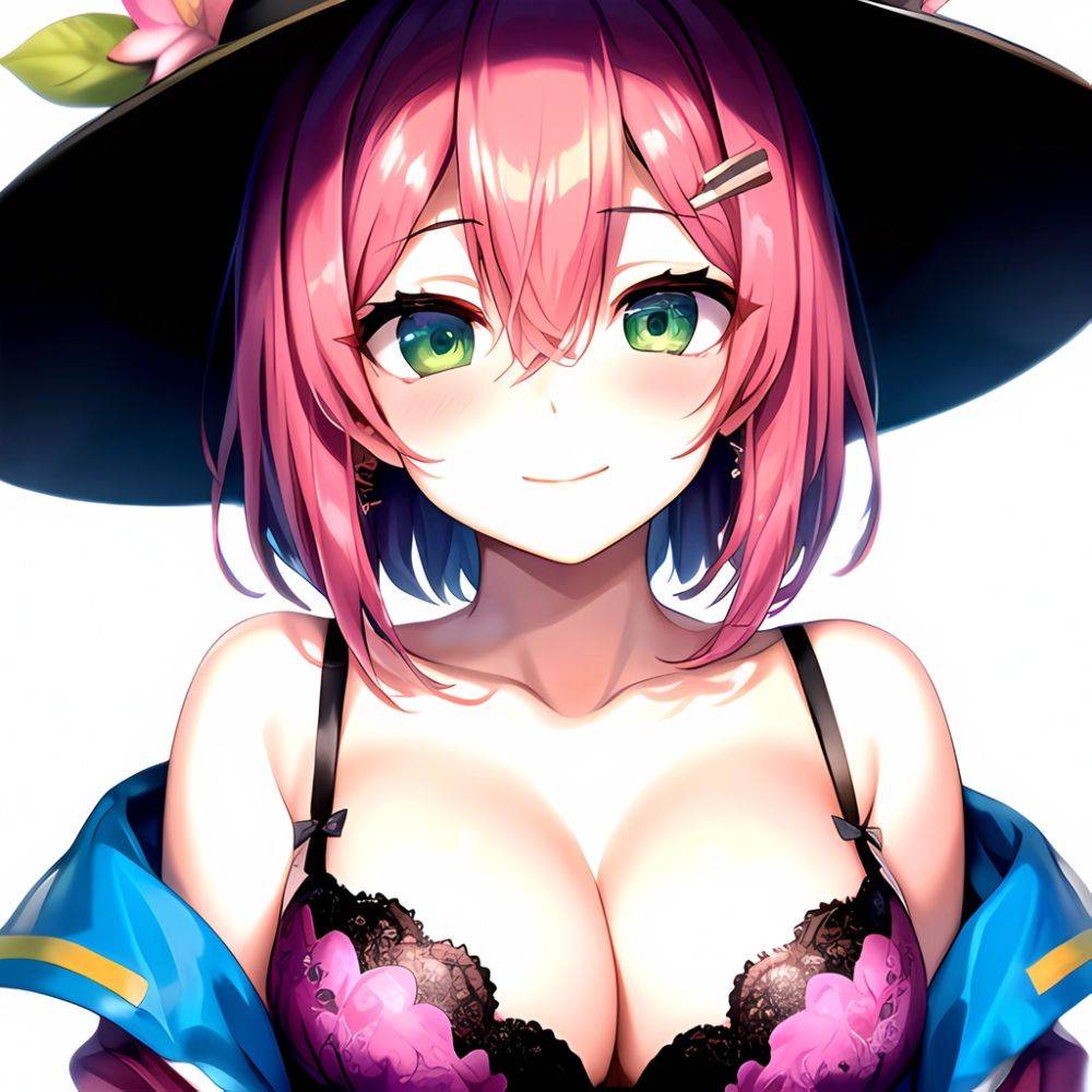 1girl Blush Bob Cut Bra Breasts Cleavage Close Up Closed Mouth Collarbone Commentary Eyelashes Eyes Visible Through Hair Floral, 904929618 - AI Hentai - #main
