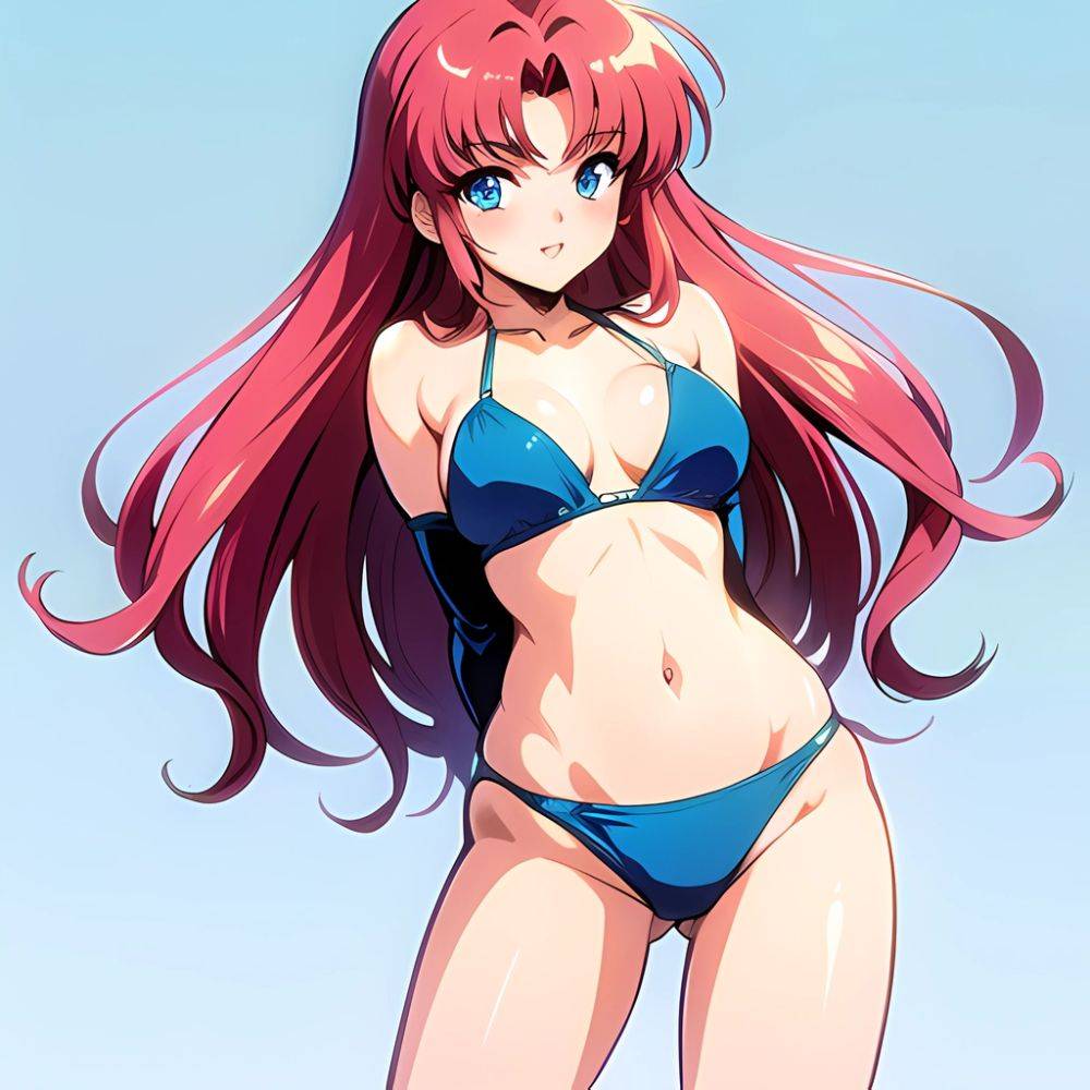 1990s Style 1girl Arms Behind Back 1 4 Bikini Blue Bikini Blue Eyes Cowboy Shot Kokura Masashi Long Hair Looking, 1457119166 - AI Hentai - #main