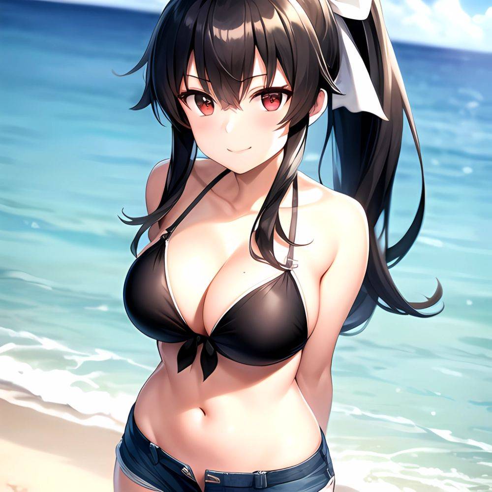 1girl Arms Behind Back Beach Bikini Bikini Under Shorts Black Bikini Black Hair Blurry Blurry Background Breasts Cleavage Closed, 2535265670 - AI Hentai - #main