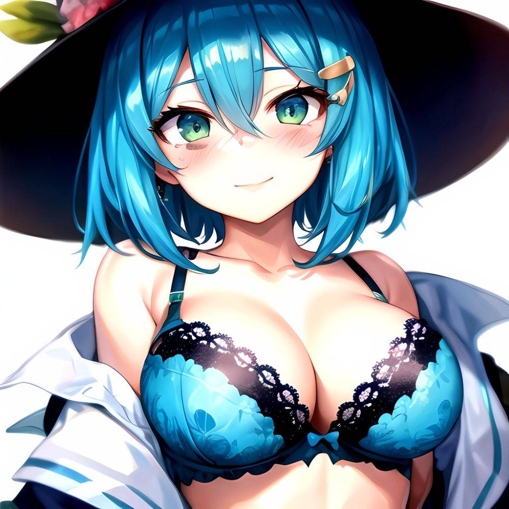 1girl Blush Bob Cut Bra Breasts Cleavage Close Up Closed Mouth Collarbone Commentary Eyelashes Eyes Visible Through Hair Floral, 2521541609 - AI Hentai - #main